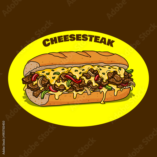 Illustration of a Mouthwatering Artisanal Philly Cheesesteak. A sandwich made from thinly sliced ​​pieces of beefsteak and melted cheese in a long hoagie roll. National Cheesesteak Day, March 24.