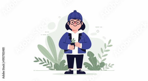 A person wearing a blue hat and jacket holds a small plant pot surrounded by greenery