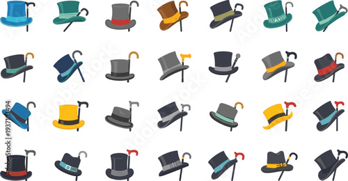 Vintage top hats and canes in various colors and styles