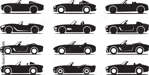 Twelve black convertible sports cars in a grid pattern on a white background