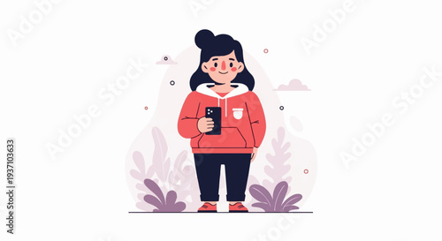 Stylized person in red hoodie holding smartphone, surrounded by abstract plants and clouds