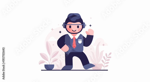 Cheerful character in VR headset, suit, and tie, with plants