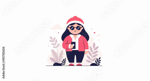 A stylized person in a beanie and sunglasses holds a phone, amidst plants and clouds