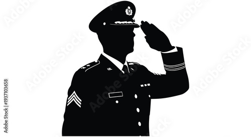 Silhouette of a military officer in uniform giving a salute against a white background high quality