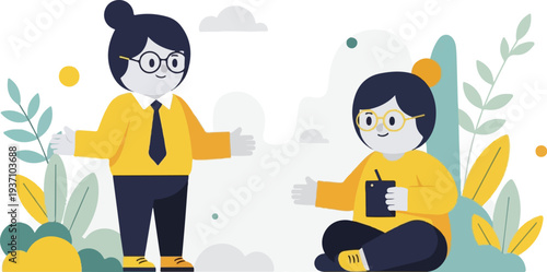 Two cartoon people in yellow shirts with dark pants and glasses