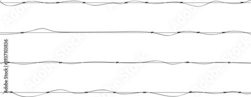 Barbed wire line set vector. Wavy barbed fence wire collection