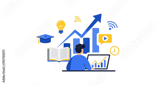 E-learning and Professional Growth Concept: Student achieving success through digital education, online courses, skill development, and career advancement.