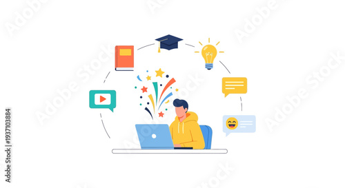 E-Learning Success Concept. Student studying online, surrounded by educational icons: Book, Graduation Cap, Video, and Idea Lightbulb.