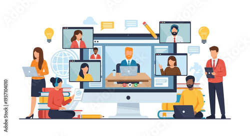 Virtual Classroom E-Learning Video Conference. Remote students and teacher participating in online webinar meeting for global distance education concept vector illustration.