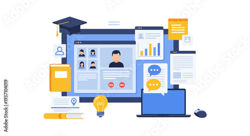 E-Learning and Online Education Concept. Digital Classroom, Video Conference, and Remote Teaching Illustration with Graduation Cap, Books, and Technology.