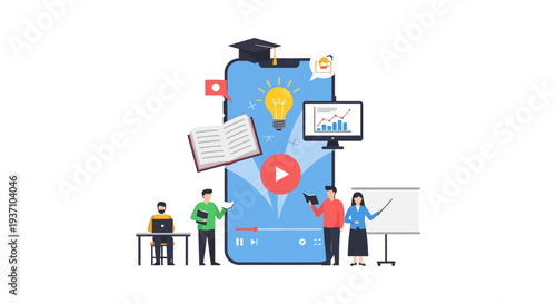 Mobile E-learning App Concept: Students and Teacher using a Smartphone Platform for Online Courses, Remote Training, and Digital Knowledge Acquisition.