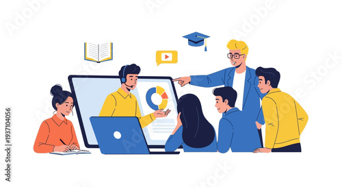 Online Education and E-learning Webinar. Group of Students Engaged in Virtual Classroom, Receiving Digital Mentoring from Remote Instructor.