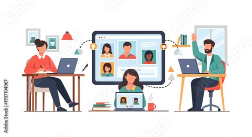 Video Conference and Remote Team Meeting Illustration. Online Business Collaboration, Virtual Workplace, and Work From Home Concept.