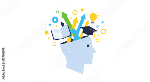 Intellectual Growth and Education Concept. Knowledge, Ideas, and Success Arrows Exploding from a Human Head Vector Illustration.