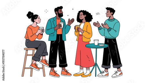 Diverse group of friends socializing and chatting over coffee