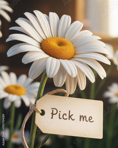 Close Up White Daisy Flower with Cute Pick Me Tag 
