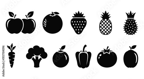 Black silhouettes of various fruits and vegetables arranged in two horizontal rows high quality professional detailed