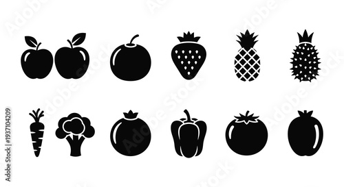 A collection of black silhouette icons depicting various fruits and vegetables high quality professional detailed modern