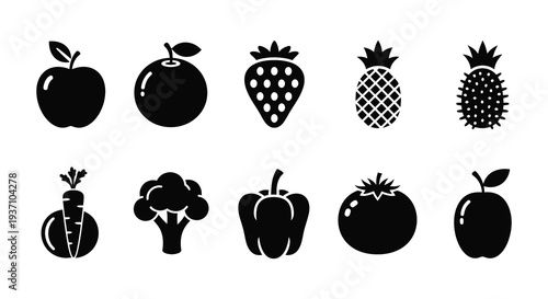 Black and white silhouette icons depicting a variety of fresh fruits and vegetables high quality professional