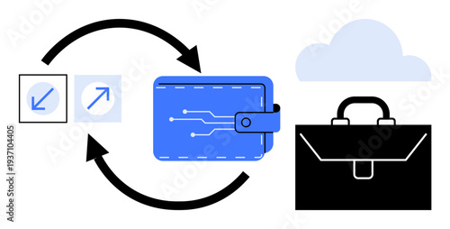 Financial technology, cloud storage, online banking, secure transactions, digital payments, data management. Digital wallet with arrows and icons. Financial technology and cloud storage concept