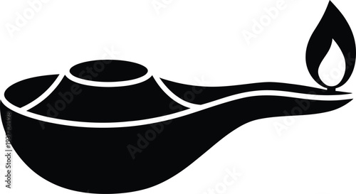 Black silhouette of an ancient oil lamp with a flame on white background ancient lamp historical