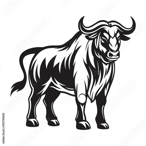 An isolated depiction shows a formidable bull rendered in solid black silhouette