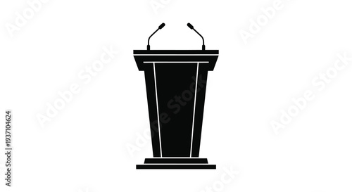 A black silhouette of a conference podium with two microphones on a white background high quality