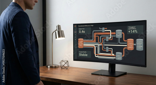 Man observing operational efficiency hub with cycle time throughput optimization and system health status