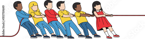 Diverse group of young children playing tug of war with a red rope during outdoor school sports day activities.