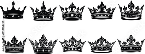Elegant black crown silhouette set featuring royal king and queen headwear for heraldic logos luxury branding jewelry design and majestic noble vector illustrations.