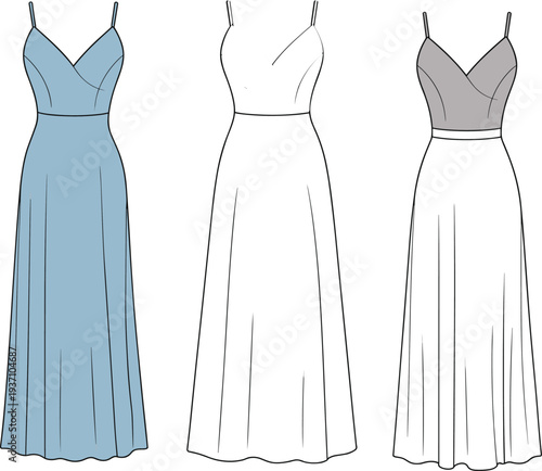 Three Long Dresses with Different Bodice Styles and Colors straps blue dress