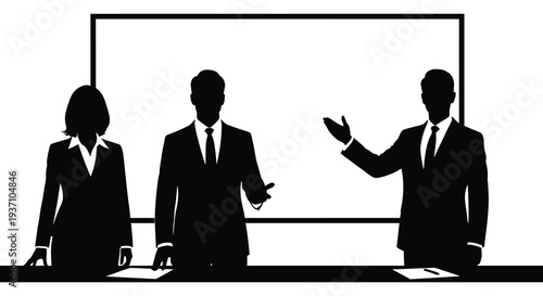 A black silhouette illustration depicts three business professionals presenting in a conference setting high quality professional