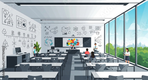 Modern Classroom with Students and Large Windows.