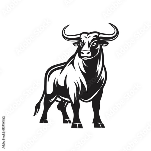 Powerful dark bull strides forward with curved horns and strong musculature, showcasing its raw strength