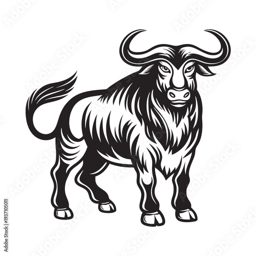 Robust cartoon bull stands firmly with its powerful physique, rendered in detailed black lines