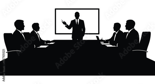 A silhouetted business meeting in progress featuring a presenter and attentive colleagues high quality professional detailed