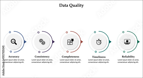 Five aspects of data quality. Infographic template with icons and description placeholder