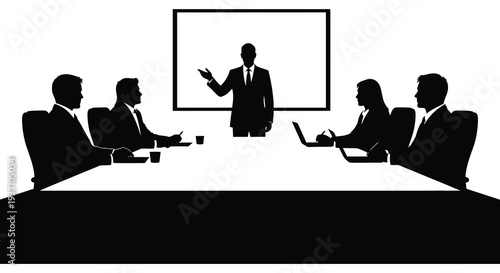 A silhouetted business meeting is in progress with a presenter and attentive colleagues high quality professional