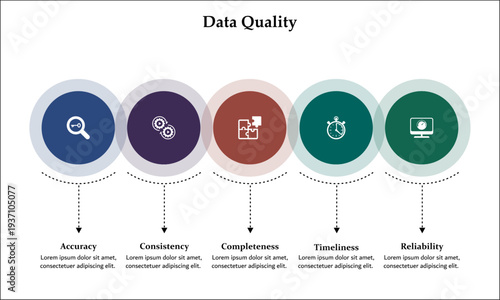 Five aspects of data quality. Infographic template with icons and description placeholder