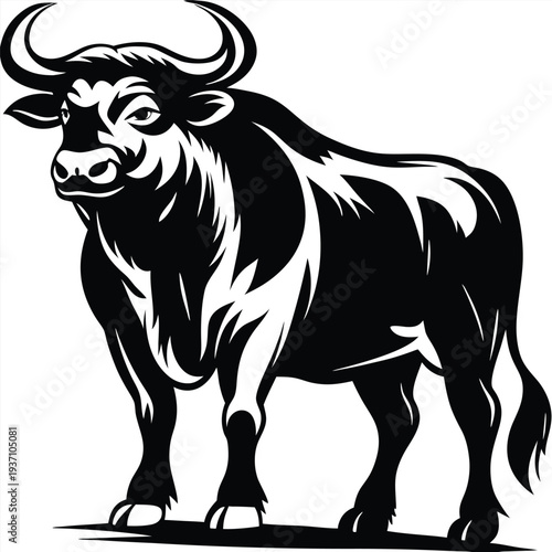The imposing black bull stands powerfully, exuding strength in its monochrome, silhouette