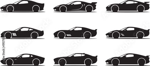 Twelve black silhouette sports cars in three rows on a white background
