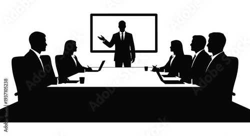 A black silhouette illustration depicts a business presentation in a modern conference room setting high quality