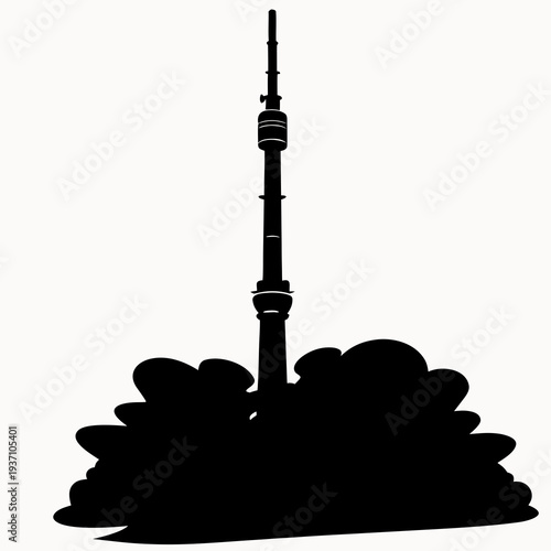 Modern communication tower silhouette with cloud formation