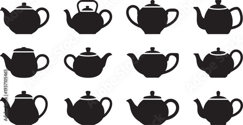 Twelve black tea kettles arranged in a grid pattern on a white background silhouette