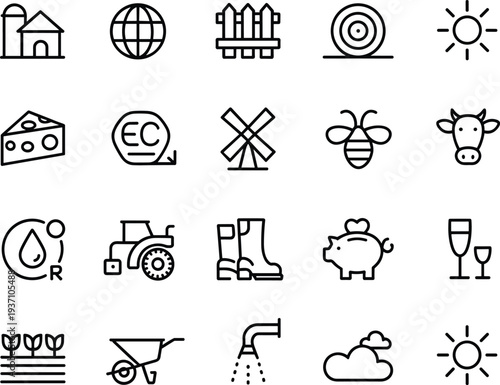 Agriculture and farming line icons set, tractor, cow, irrigation, crops, barn, beekeeping, farm tools, rural agriculture