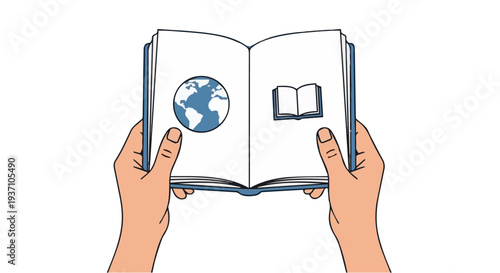 Hands holding open book with globe inside, suitable for global education themes, international learning programs, knowledge sharing and academic media