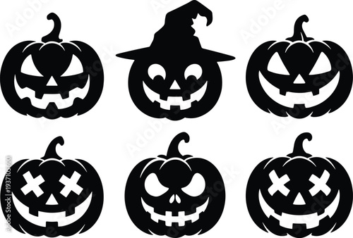 Halloween pumpkin silhouettes set, scary jack o lantern faces collection, spooky holiday decoration icons, black Halloween vector illustration bundle