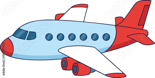 Cartoon airplane illustration, cute passenger aircraft vector, colorful commercial jet plane character, aviation transport icon, kids style flying airplane design