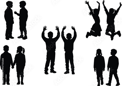 Kids silhouette collection, children playing jumping and talking poses set, black child figures bundle, happy childhood activity vector illustration