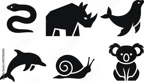 Animal silhouette icon set, snake rhino seal dolphin snail and koala shapes, black wildlife symbols collection, simple vector illustration bundle